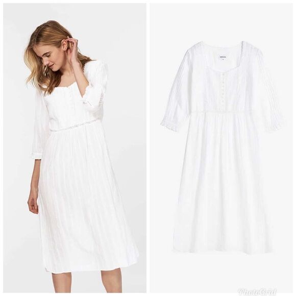 Brora White Textured Cotton Nighty Midi Dress with Button Detail Size UK 12/14
